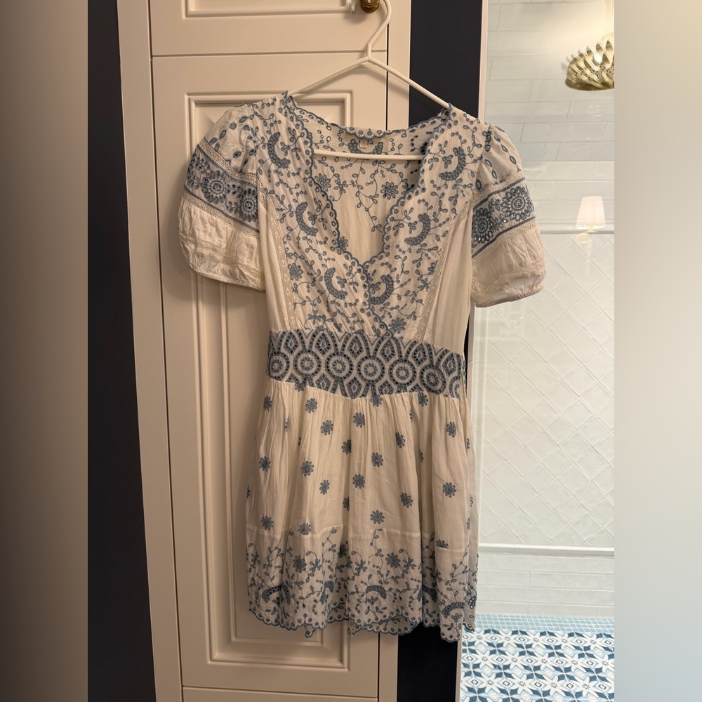 LoveShackFancy Cream and Blue Mini Dress